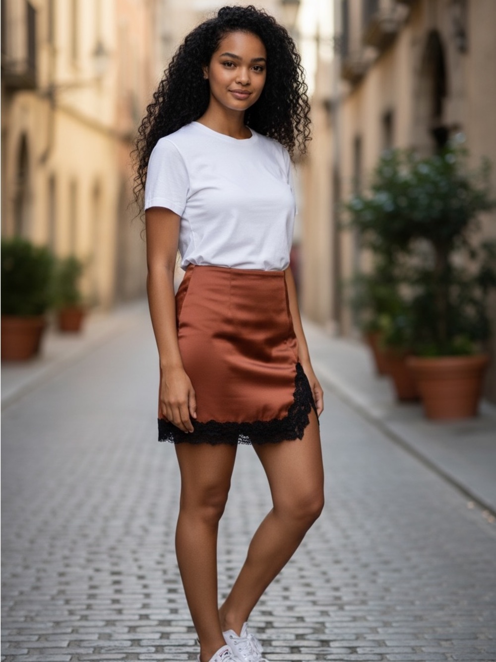 ICONE  women's Rust Satin Mini Skirt with Black Lace Trim size medium